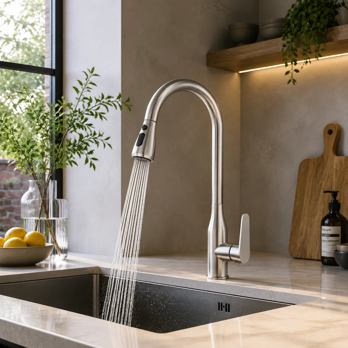 Pull down kitchen faucet stainless steel, installed kitchen lifestyle scene — SANIKB FYF-05037