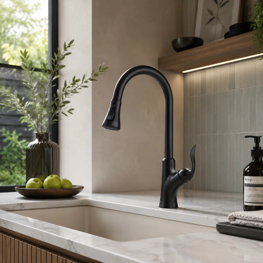 Pull down kitchen faucet stainless steel, installed kitchen lifestyle scene — SANIKB FYF-05038