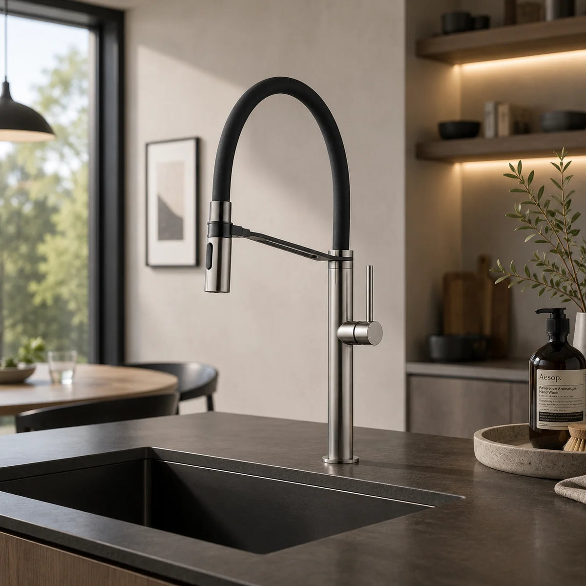 Pull down kitchen faucet stainless steel, installed kitchen lifestyle scene — SANIKB FYF-05046