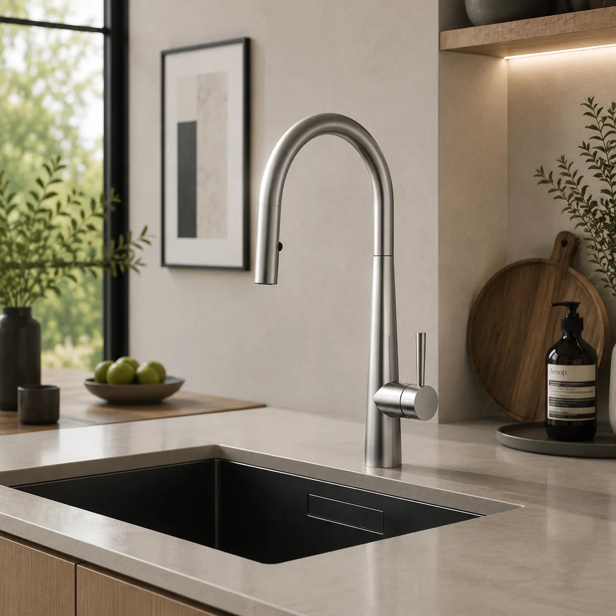 Pull down kitchen faucet stainless steel, installed kitchen lifestyle scene — SANIKB FYF-05047