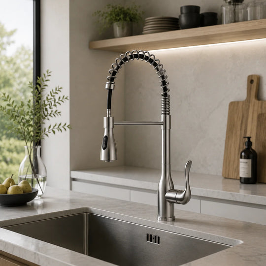 Pull down kitchen faucet stainless steel, installed kitchen lifestyle scene — SANIKB FYF-05048