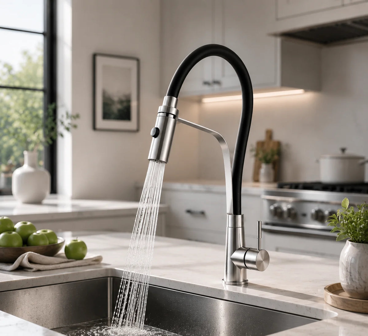 Pull down kitchen faucet stainless steel, installed kitchen lifestyle scene — SANIKB FYF-05052