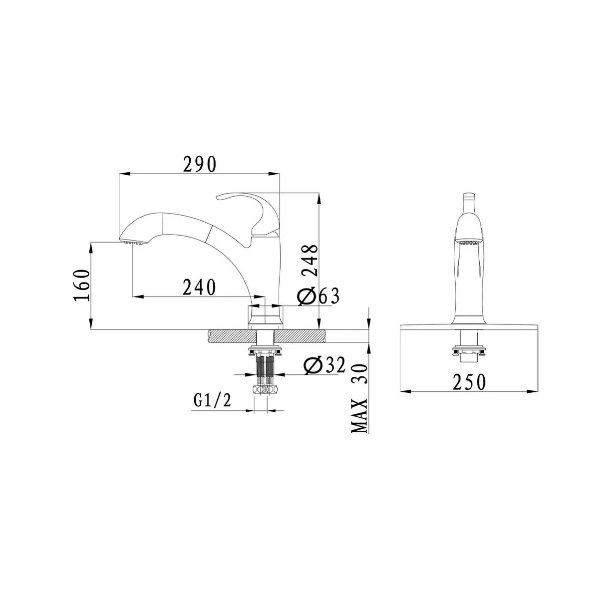 Dimensioned spec drawing for SANIKB FYF-05020 pull-out kitchen faucet.