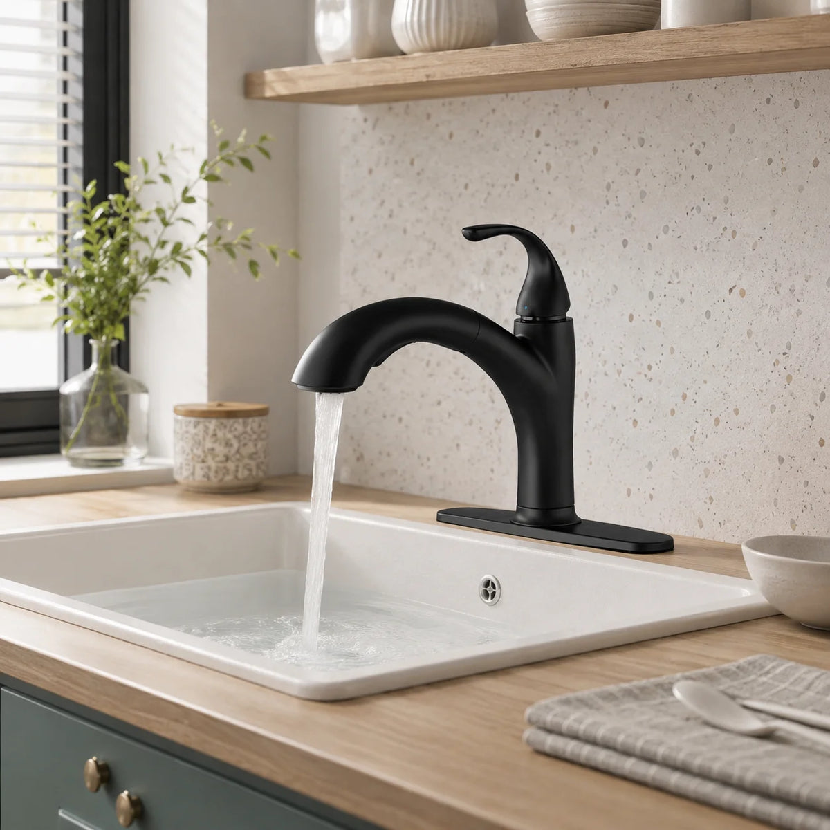 Pull out kitchen faucet brass, installed kitchen lifestyle scene — SANIKB FYF-05020