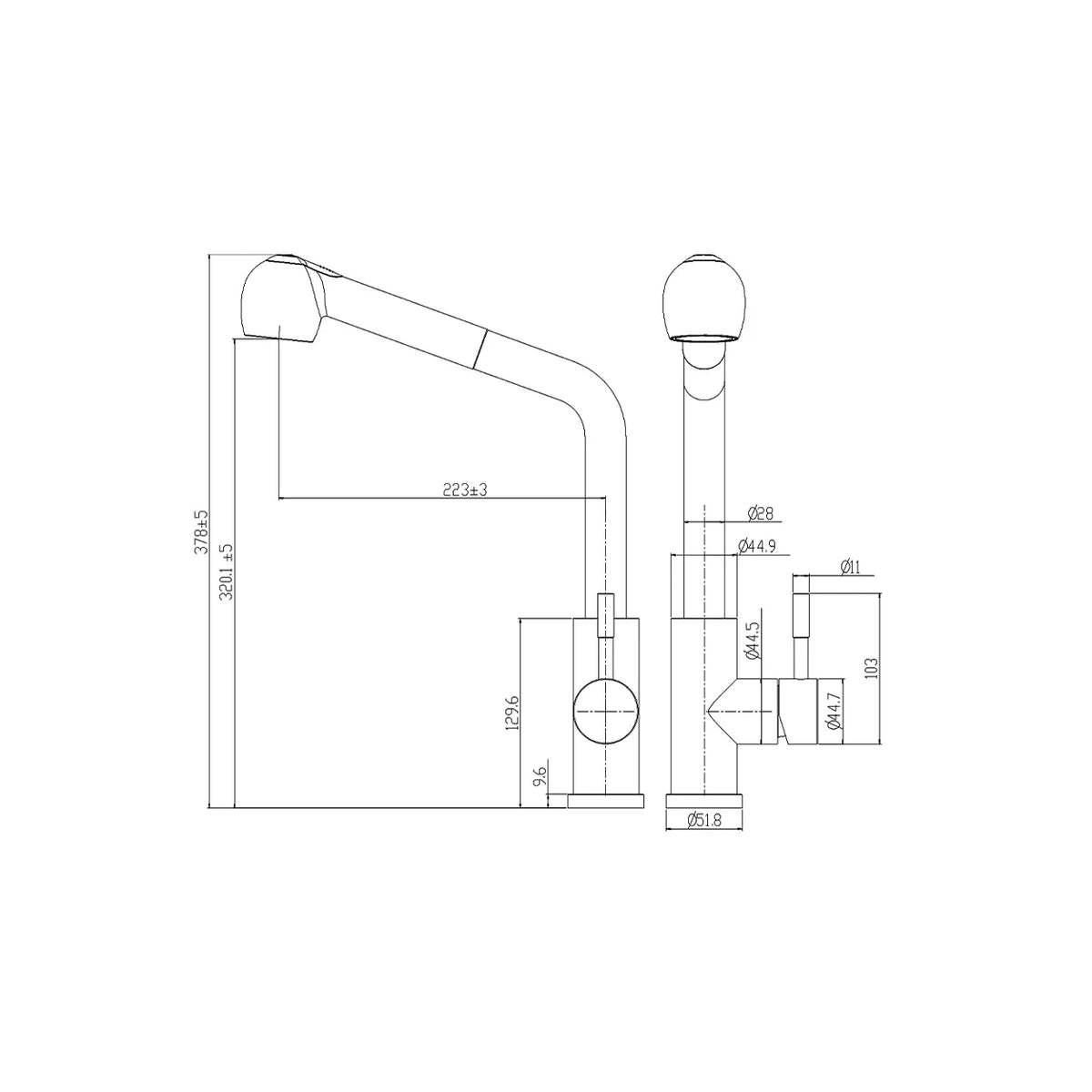 Dimensioned spec drawing for SANIKB FYF-05023 stainless steel pull out kitchen faucet.
