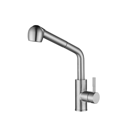 Brushed stainless steel pull out kitchen faucet, L-shaped spout, squared pull-out spray head — SANIKB FYF-05023.