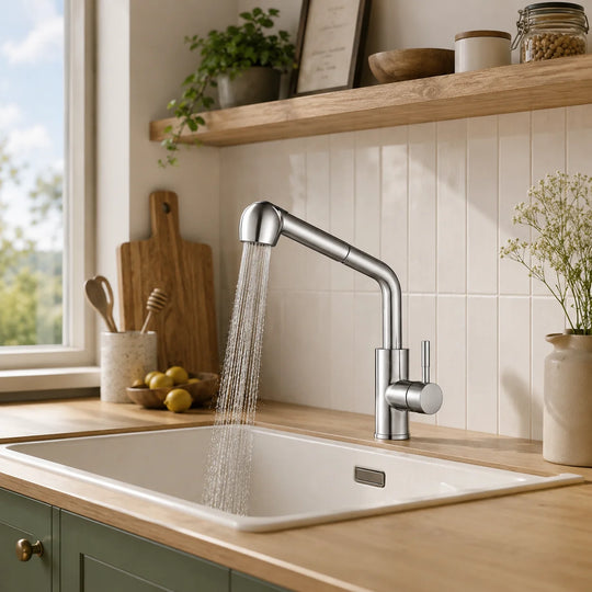 Pull out kitchen faucet stainless steel, installed kitchen lifestyle scene — SANIKB FYF-05023
