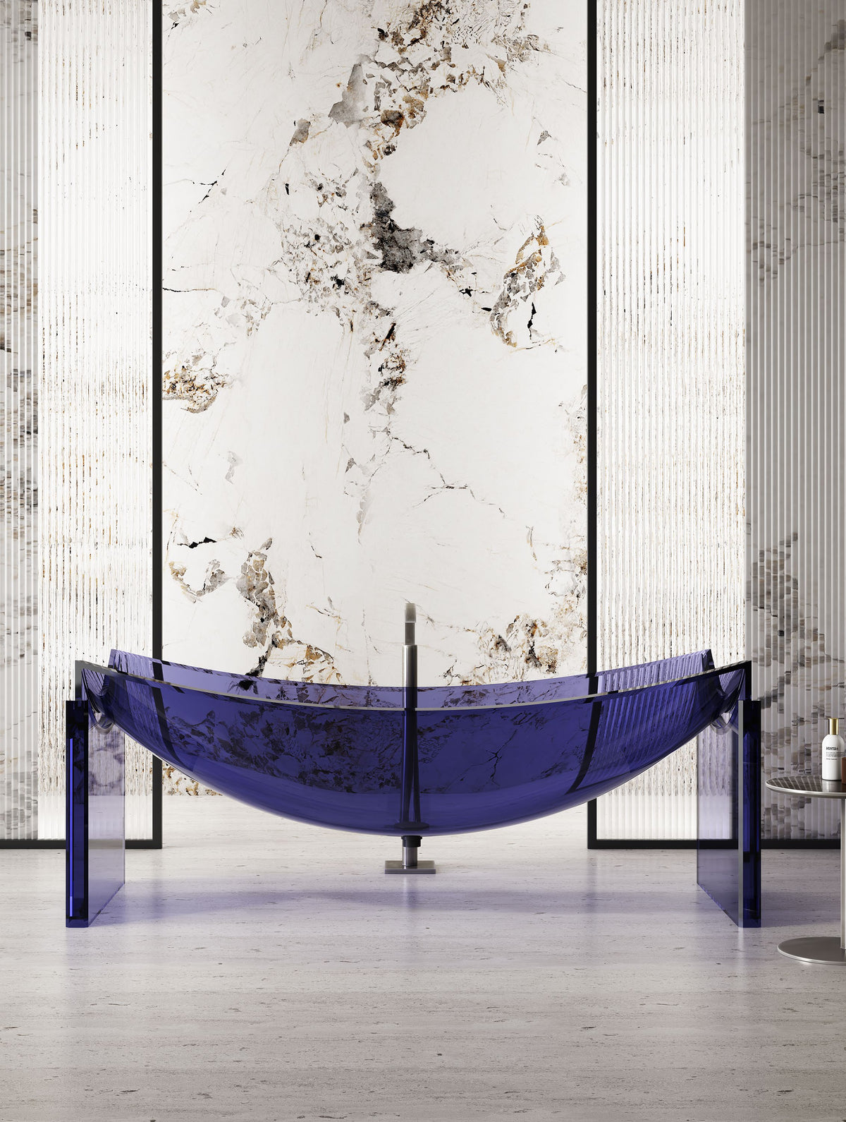 Purple Curved Transparent Bathtub on Slim End Supports; original factory model TW-8997T-2 complete product view