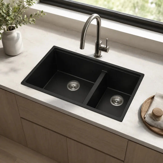 Quartz composite farmhouse apron double bowl kitchen sink installed in a styled kitchen — lifestyle scene, SANIKB SN8448D.