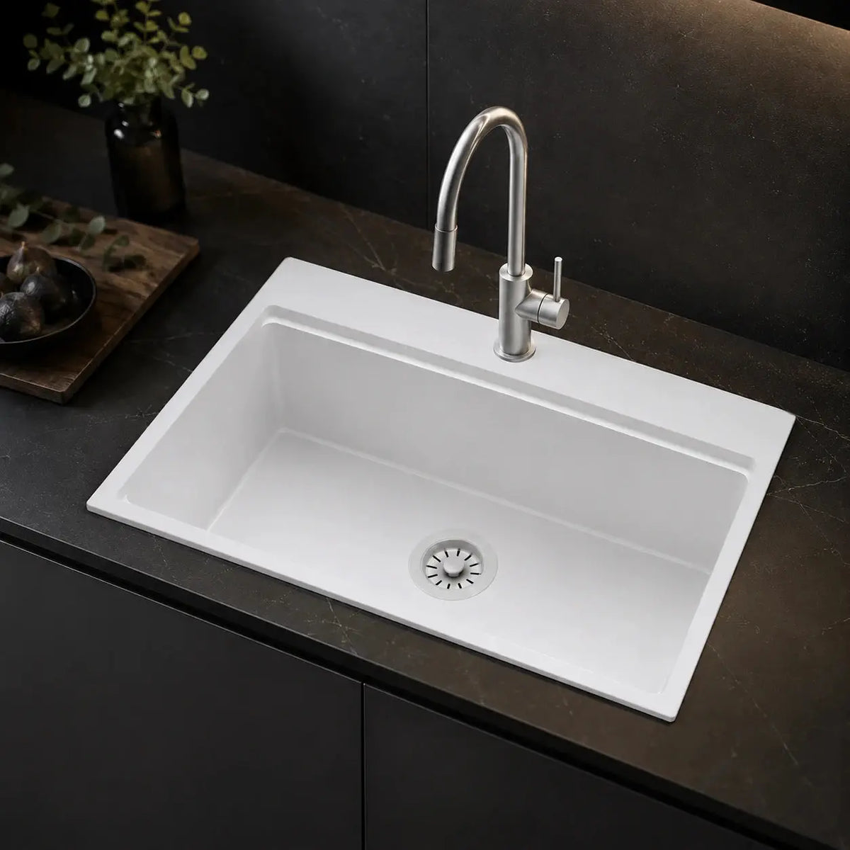 Quartz composite drop-in kitchen sink installed in a styled kitchen — lifestyle scene, SANIKB SN8549.