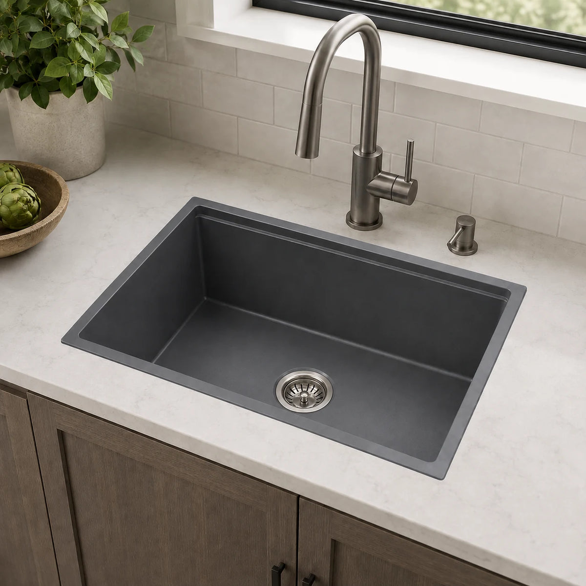 Quartz integrated kitchen sink installed in a styled kitchen — lifestyle scene, SANIKB SN6448.