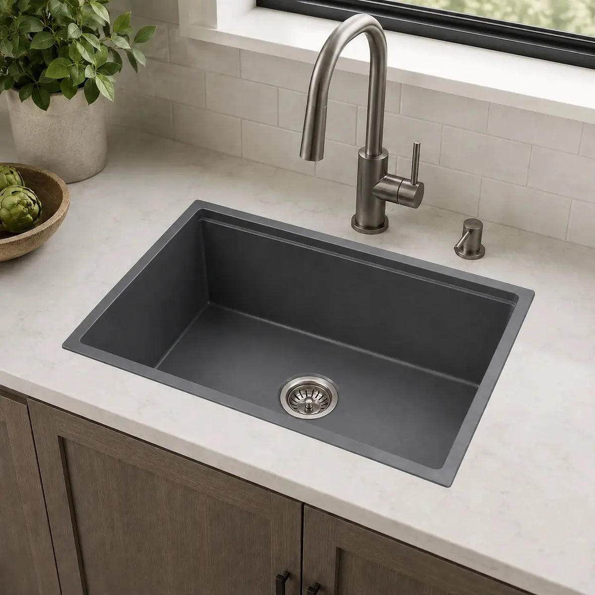 Quartz integrated kitchen sink installed in a styled kitchen — lifestyle scene, SANIKB SN6448.