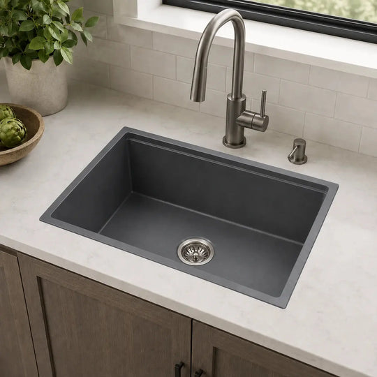 Quartz integrated kitchen sink installed in a styled kitchen — lifestyle scene, SANIKB SN6448.