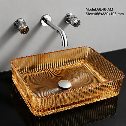 Amber fluted glass vessel sink, rectangular 455mm basin with chrome wall faucet