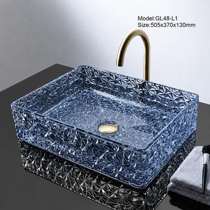 Blue faceted glass vessel sink with gold faucet, rectangular 505mm basin