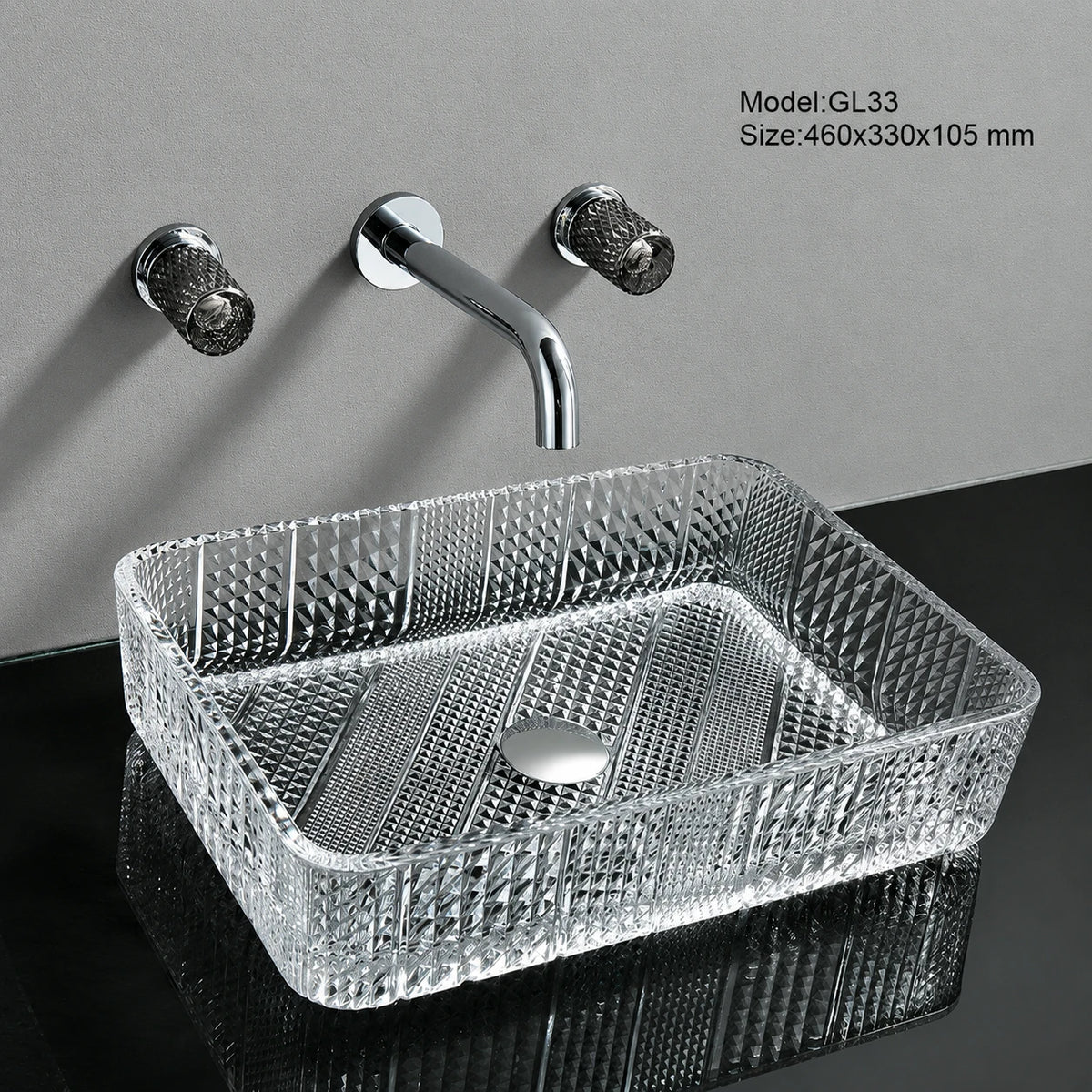 Clear faceted crystal-cut glass vessel sink, rectangular 460mm basin with chrome wall faucet