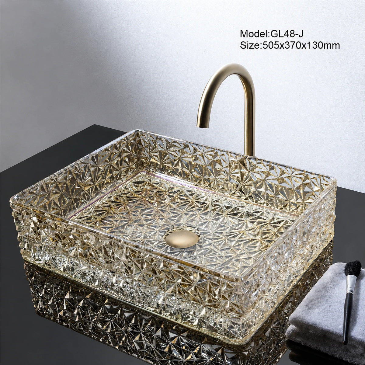 Champagne gold faceted glass vessel sink with gold faucet, rectangular 505mm basin