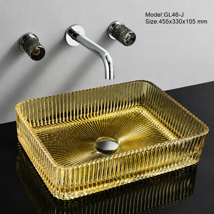 Gold-tinted clear glass vessel sink, rectangular 455mm fluted above-counter basin