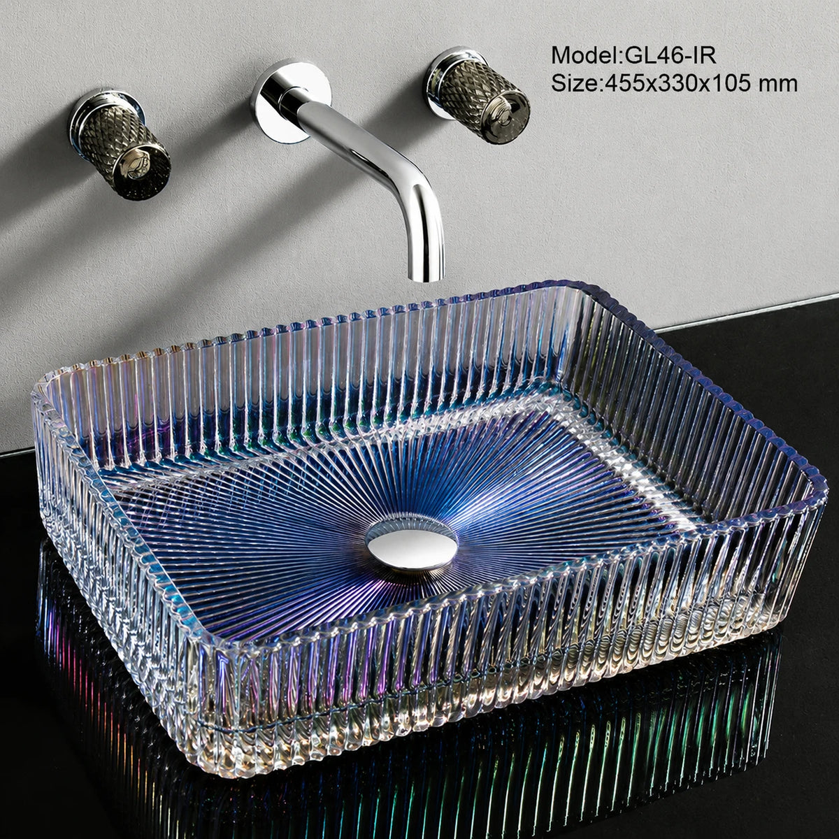 Iridescent rainbow fluted glass vessel sink, rectangular 455mm decorative bathroom basin