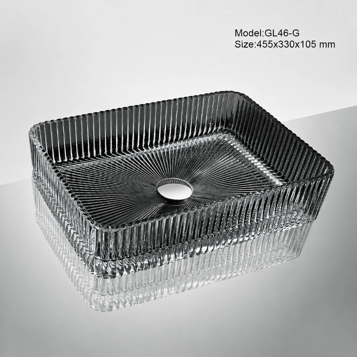 Smoke grey ribbed glass vessel sink, rectangular 455mm above-counter bathroom basin