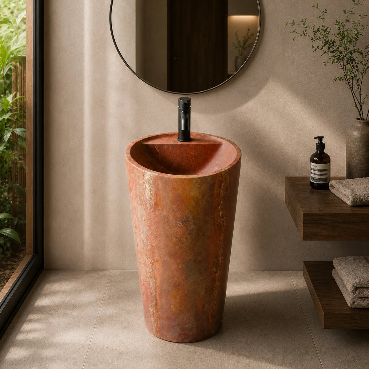 Red Travertine Cylindrical Pedestal Basin 43 mm