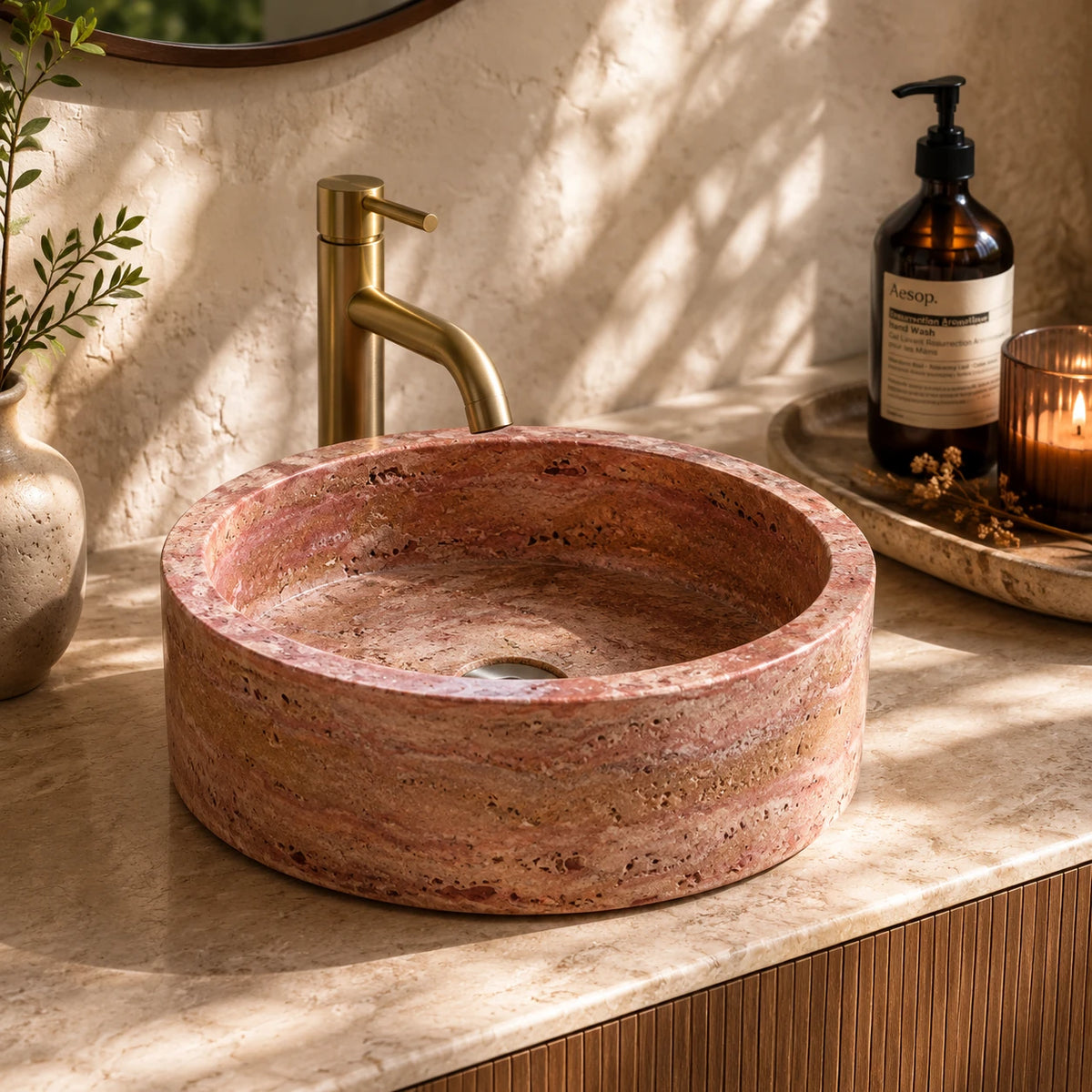 Red Travertine Round Vessel Basin 16.9×5.5