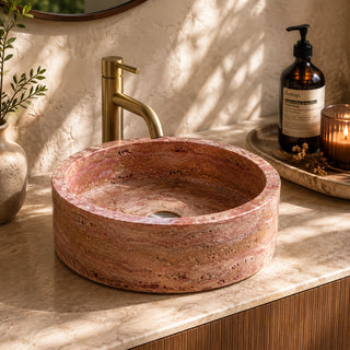 Red Travertine Round Vessel Basin 16.9×5.5