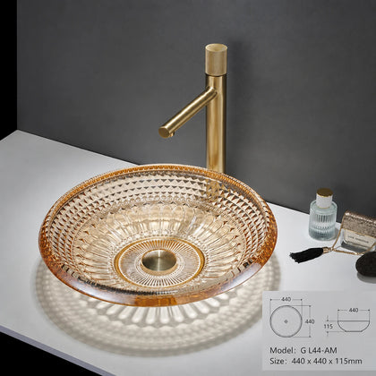 Amber faceted glass vessel sink with gold faucet, round 440mm bathroom basin