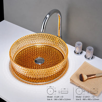 Amber gold faceted glass vessel sink with chrome faucet, round 360mm diamond-cut bowl