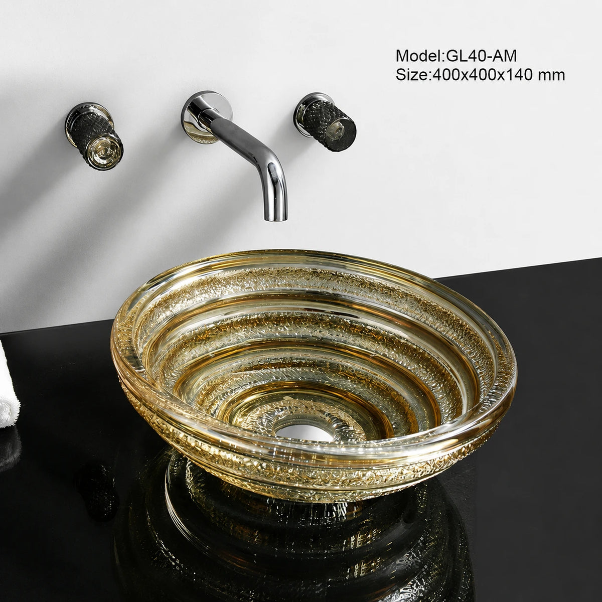 Amber gold faceted glass vessel sink with chrome faucet, round 400mm spiral bowl