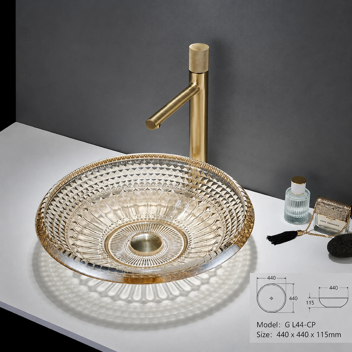 Champagne faceted glass vessel sink, round diamond-cut 440mm bathroom art basin