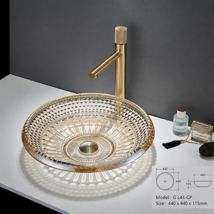 Champagne faceted glass vessel sink, round diamond-cut 440mm bathroom art basin