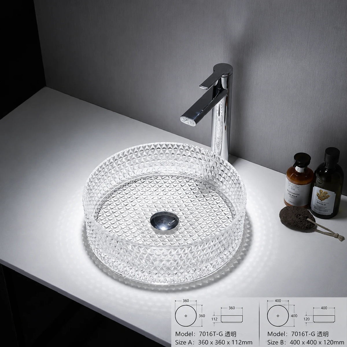 Clear faceted crystal glass vessel sink with chrome faucet, round 360mm diamond-cut bowl