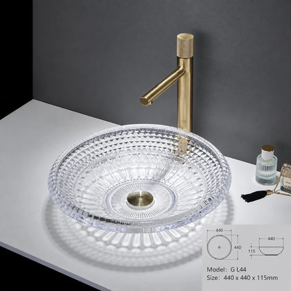 Clear crystal faceted glass vessel sink, round diamond-cut 440mm bathroom art basin
