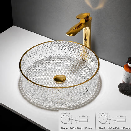 Clear glass vessel sink with gold rim and gold faucet, round 360mm diamond-cut bowl
