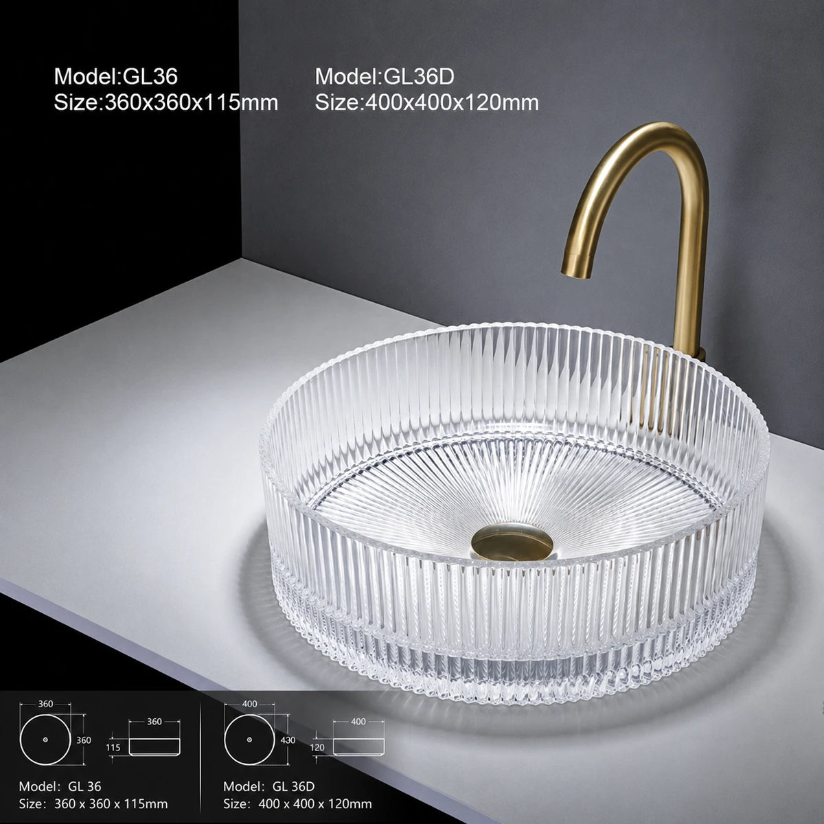 Clear fluted glass vessel sink with gold faucet, round 360mm bathroom basin
