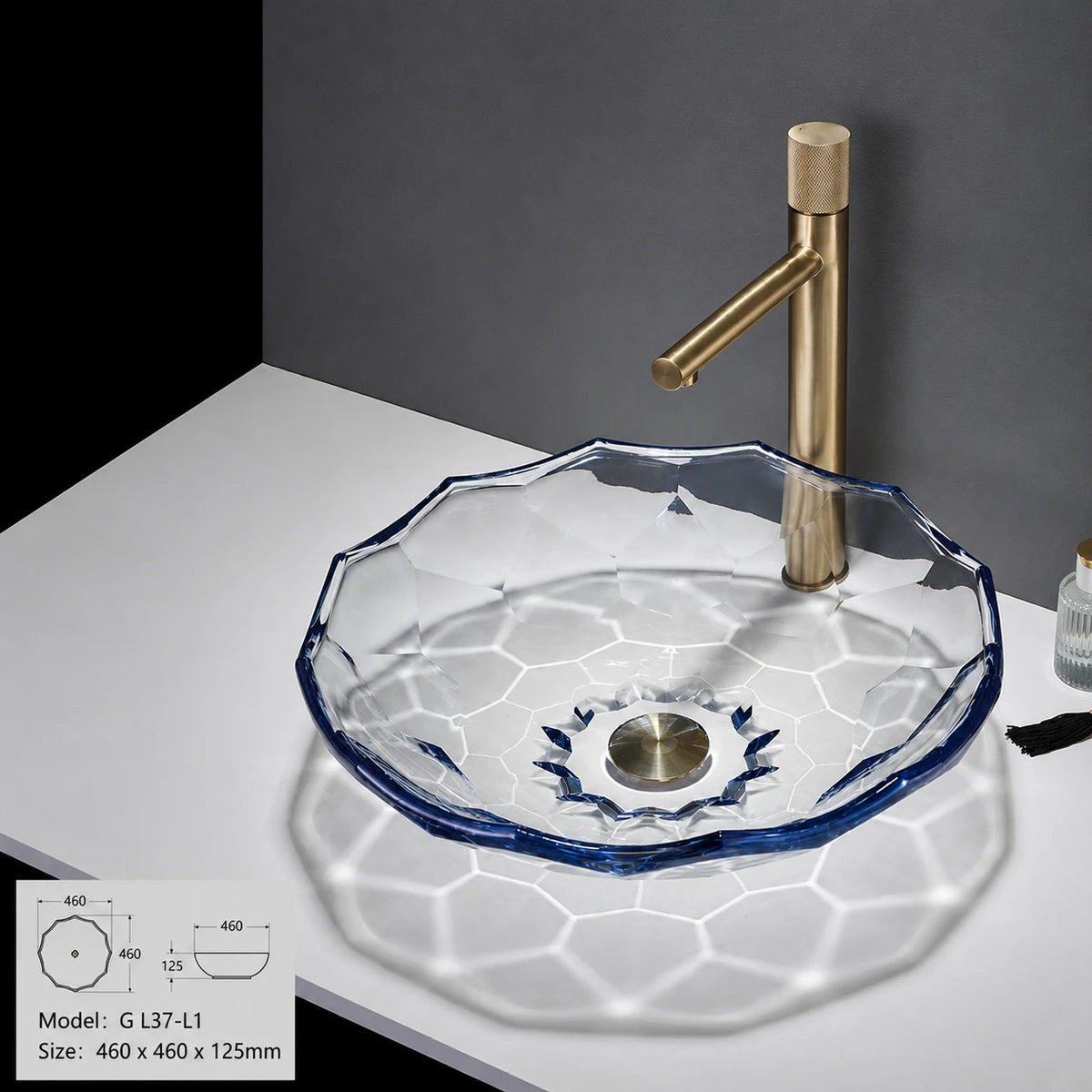 Clear glass vessel sink with blue rim and gold faucet, round 460mm faceted bowl