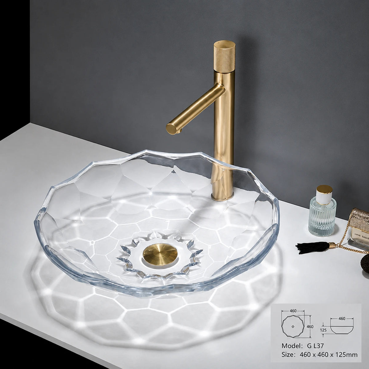 Clear faceted glass vessel sink with gold faucet, round 460mm petal-cut bowl