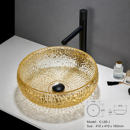 Gold-tinted faceted glass vessel sink with black faucet, round 410mm bowl