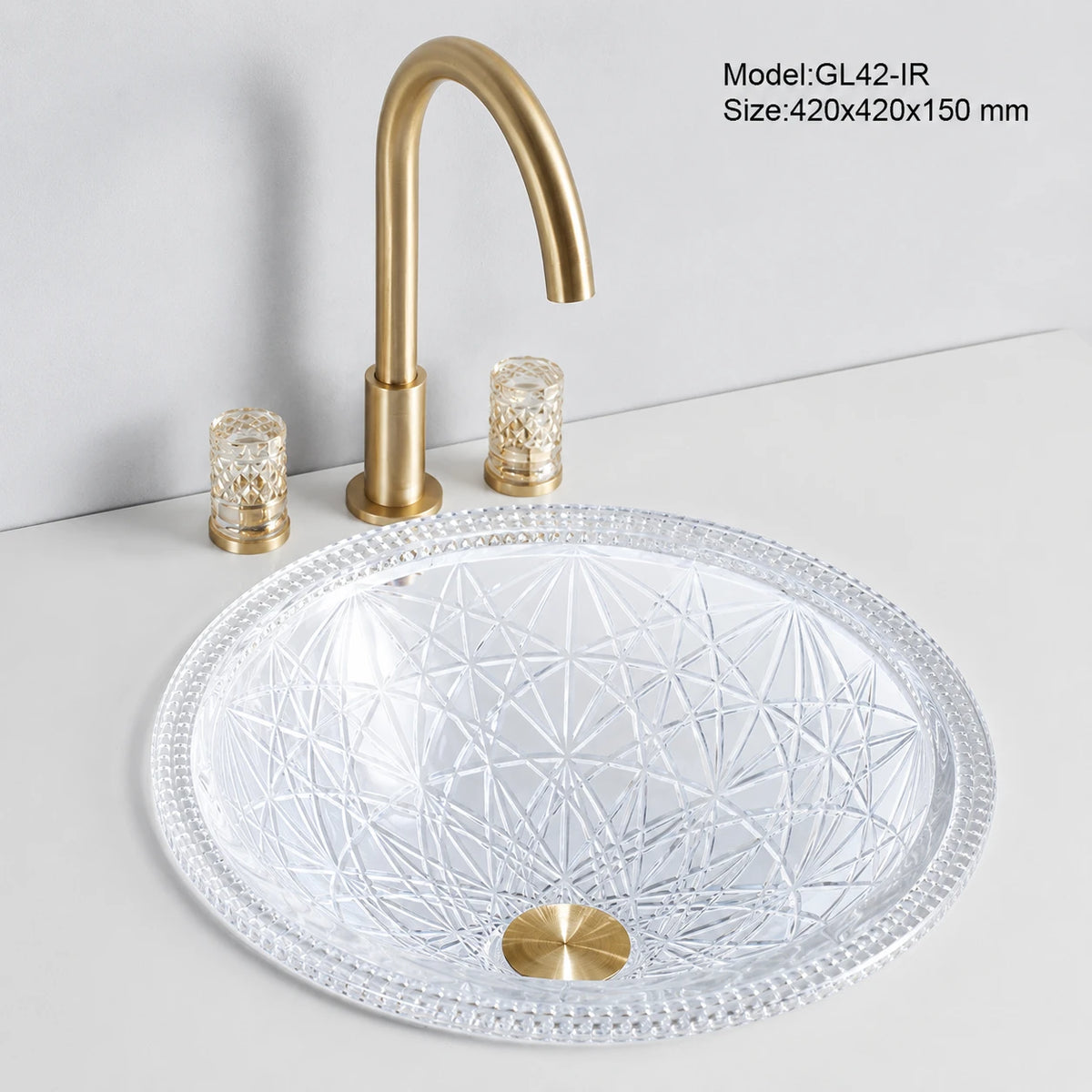 Clear iridescent faceted glass vessel sink with gold faucet, round 420mm starburst-cut bowl