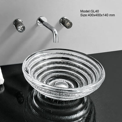 Clear silver spiral-ridged glass vessel sink with chrome wall faucet, round 400mm bowl