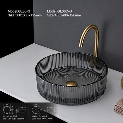 Clear grey fluted glass vessel sink with gold faucet, round 360mm bowl