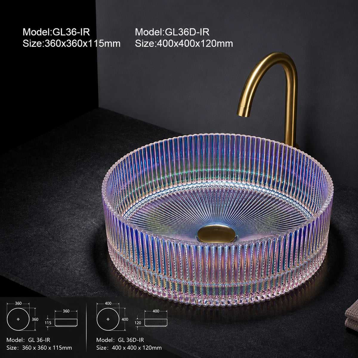 Iridescent rainbow fluted glass vessel sink with gold faucet, round 360mm basin