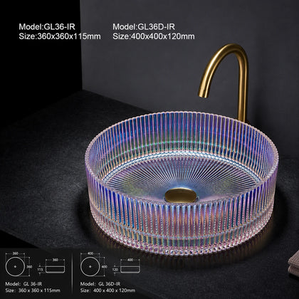 Iridescent rainbow fluted glass vessel sink with gold faucet, round 360mm basin