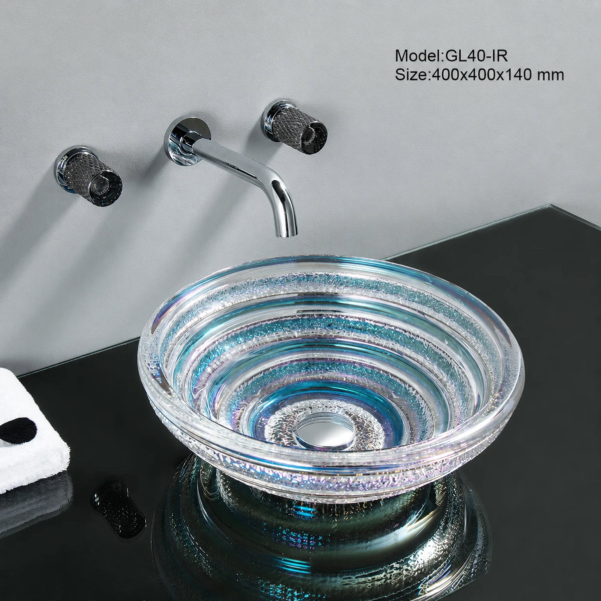Iridescent rainbow glass vessel sink with chrome faucet, round 400mm spiral bowl