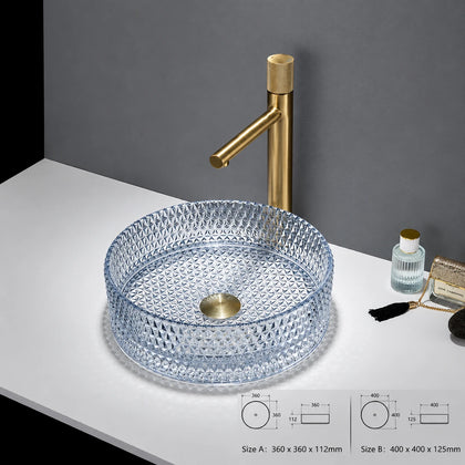 Light blue faceted glass vessel sink with gold faucet, round 360mm diamond-cut bowl