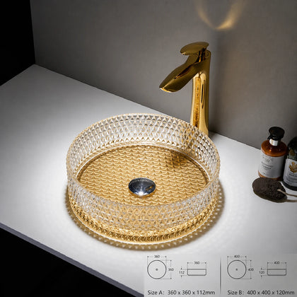 Light gold faceted glass vessel sink with gold faucet, round 360mm diamond-cut bowl