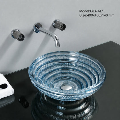Ocean blue spiral-ridged glass vessel sink with chrome faucet, round 400mm bowl
