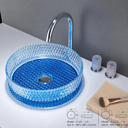 Sapphire blue faceted glass vessel sink with chrome faucet, round 360mm diamond-cut bowl
