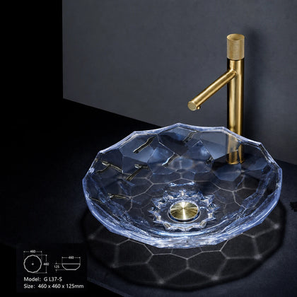 Sapphire blue faceted glass vessel sink with gold faucet, round 460mm petal-cut bowl